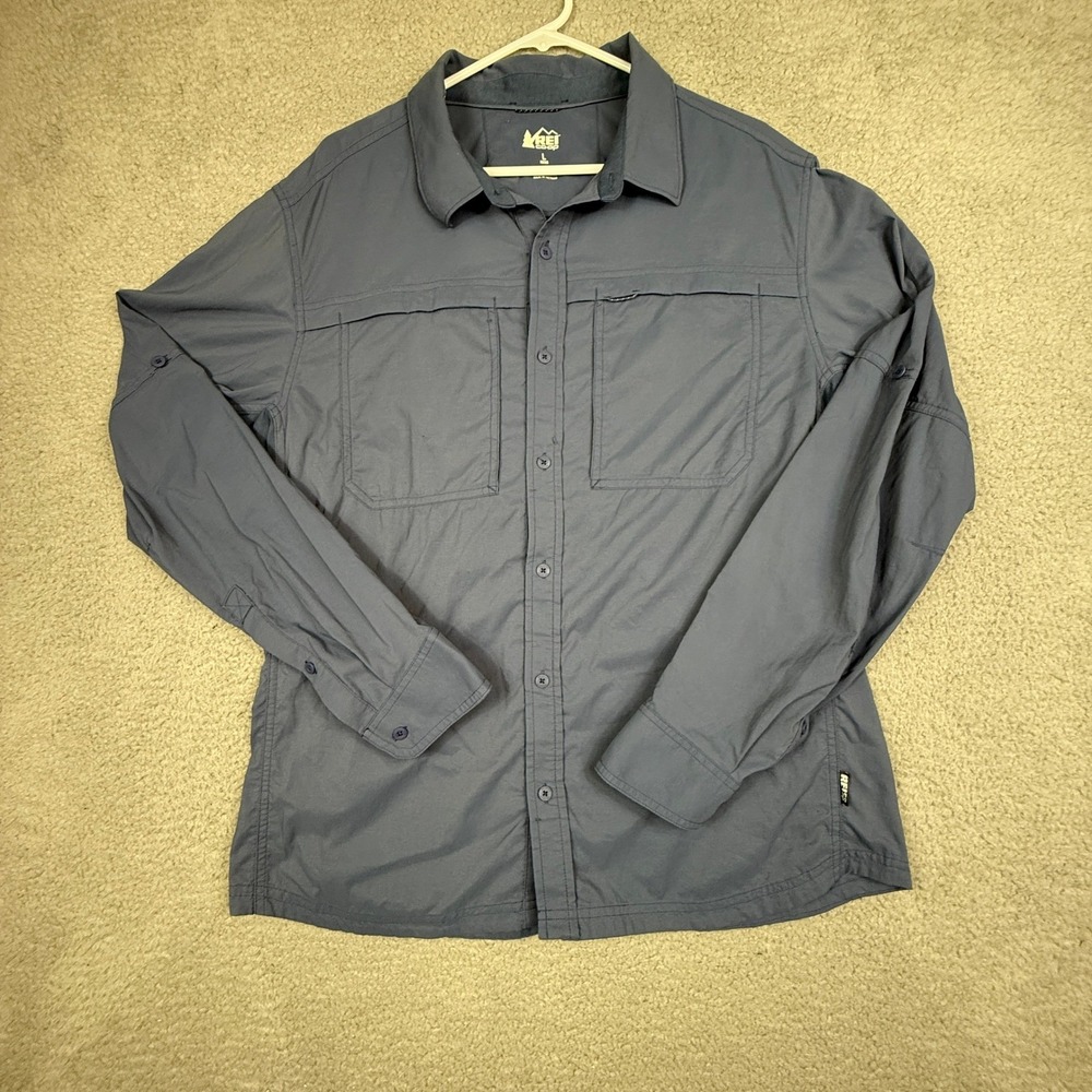 REI Co-op Mens Button Up Shirt Long Sleeve‎ Outdoor Hiking Blue Large